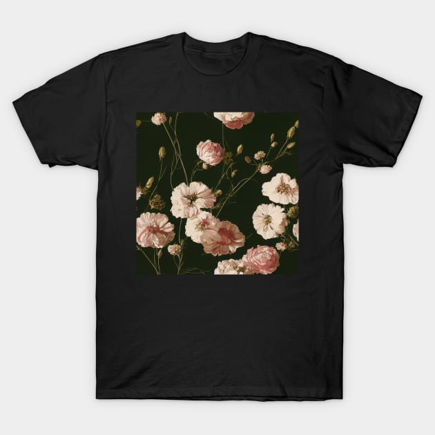 Vintage Ivory Pink flowers on Black Background T-Shirt by VintageFlorals